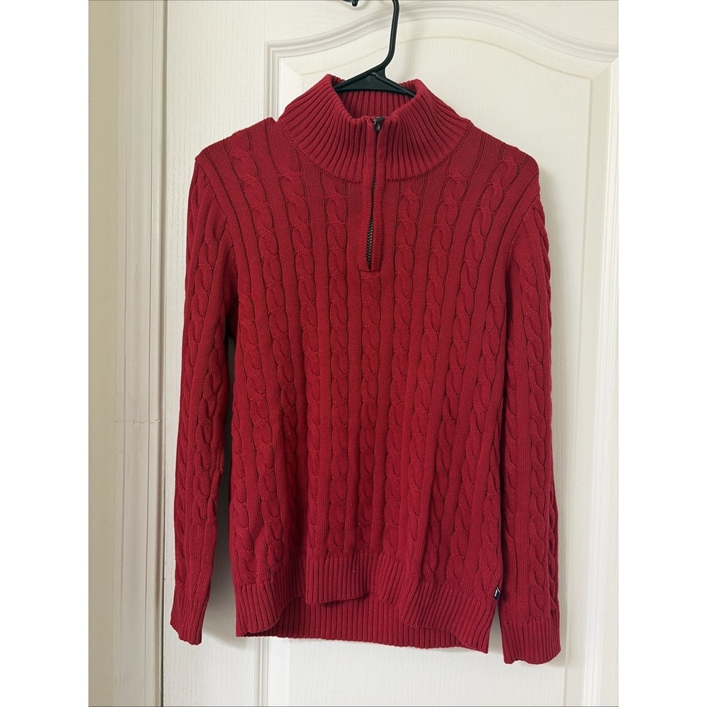 Kids Izod Red 100% Cotton Fisherman Cable Knit Quarter Zip Sweater Size L